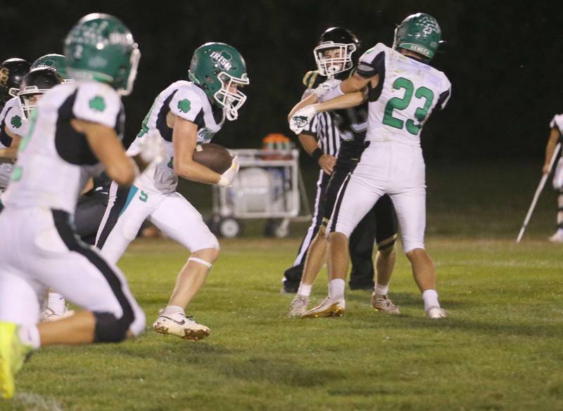Seneca's Brody Rademacher (center) runs down the field for a touchdown against Se. Bede on Friday, Sept. 20, 2024 at St. Bede Academy.