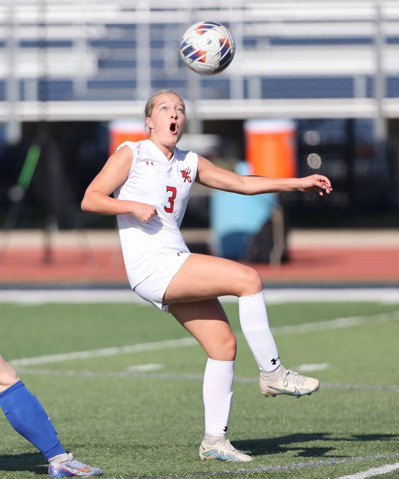 Hinsdale Central's Cate McDonnell (3) tracks the ball during the IHSA Class 3A girls soccer sectional final match between Lyons Township and Hinsdale Central at Reavis High School in Burbank on Friday, May 26, 2023.