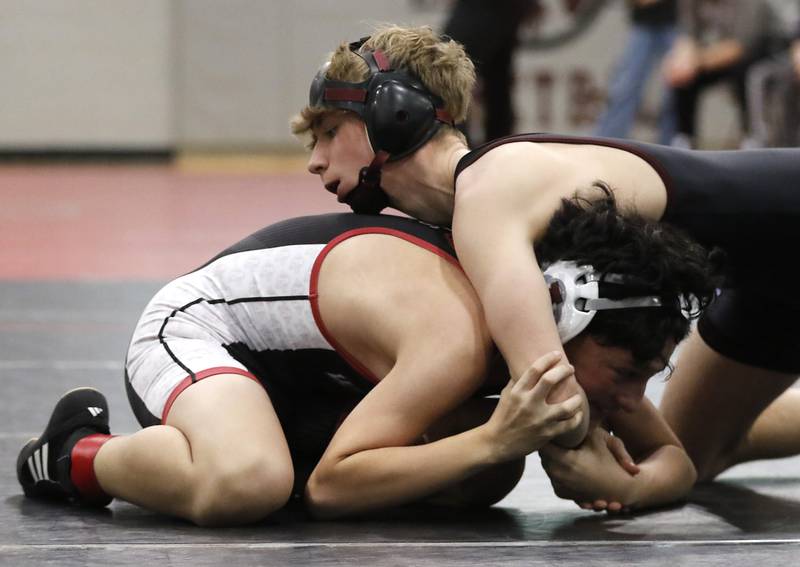Prairie Ridge’s Jake Lowitzki controls Antioch’s Evan Jarczyk in a 120-pound match of the IHSA 2A Antioch Wrestling Regional on Saturday, Feb. 8, 2025, at Antioch High School.