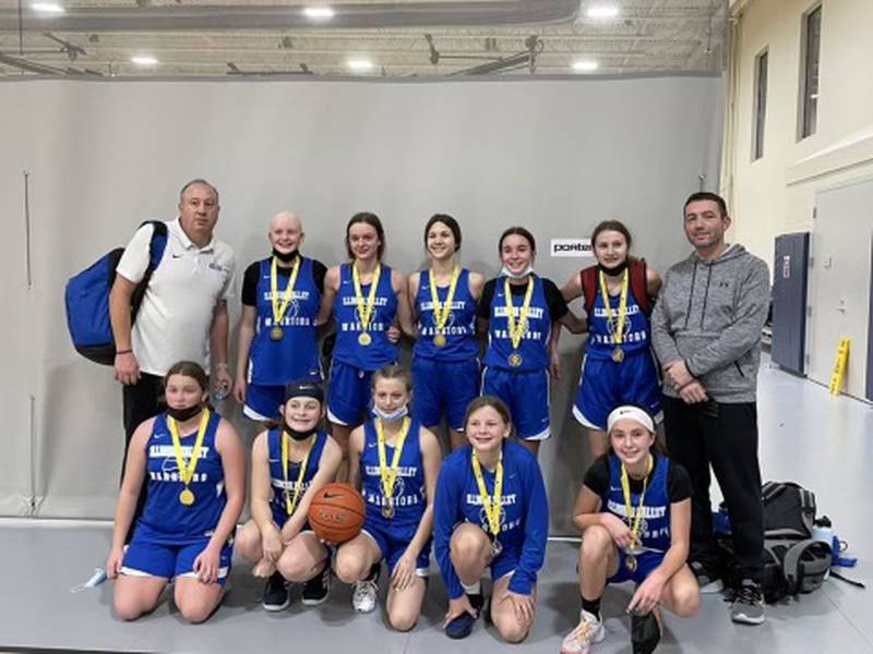 The Illinois Valley Warriors Blue Team won the Aurora Christmas and Bettendorff News Years tournaments. Team members are Keighley Davis, Alivia Zemke, Abby Jamison, Izzy Gibson, Madison Kozlowski, KInsley Lott, Danielle Morris, Kaitlyn Davis, Madison Trainor, Grace Lanning and coaches Pat Cinote and Brent Jamison.