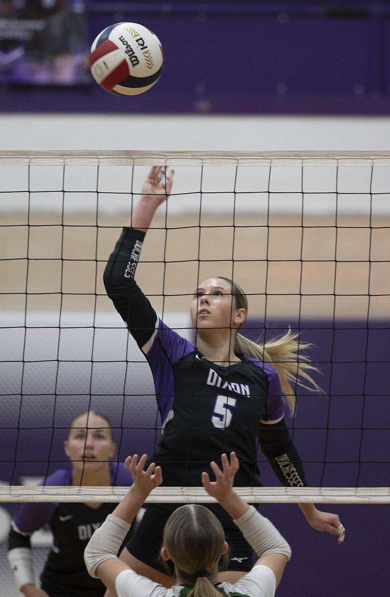Dixon’s Morgan Hargrave works the net against Rock Falls Thursday, Sept. 18, 2025.