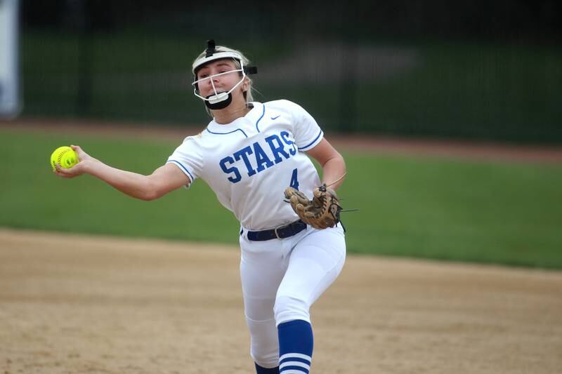 St. Charles North's Addy Umlauf throws to first for an out during a game against Lake Park on Wednesday, April 30, 2025 in St. Charles.
