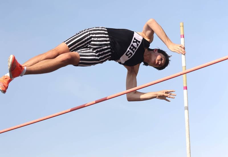 Kaneland's Brayden Farmer competes in the pole vault Friday, May 13, 2022, during the Interstate 8 Conference Championship meet at Sycamore High School.