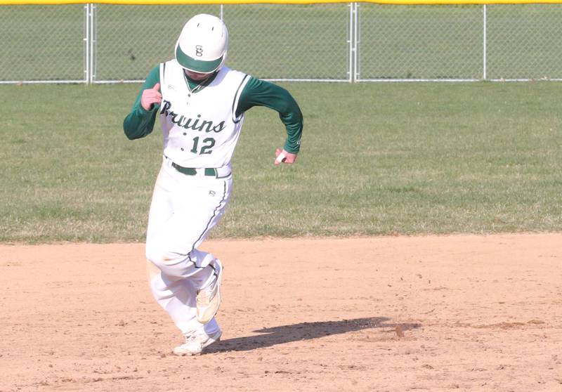 St. Bede's Seth Ferrari sprints around second base against Indian Creek on Thursday, March 28, 2024 at St. Bede Academy.