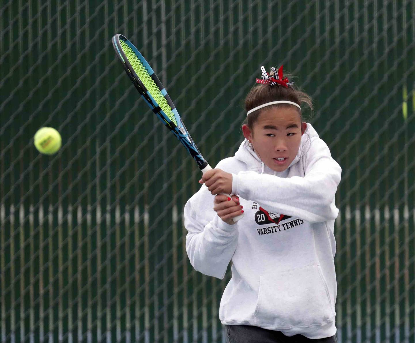 Sophia Kim, of Hinsdale Central during the IHSA State girls tennis tournament Thursday October 20, 2022 at Hersey High School in Arlington Heights.