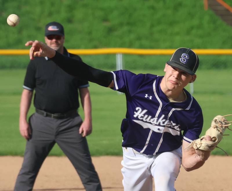 Serena pitcher Payton Twait lets go of a throw to St. Bede on Friday, April 24, 2026 at St. Bede Academy.
