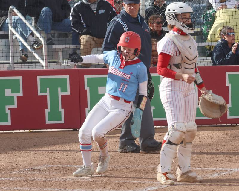 Ottawa's Rylee Harsted scores a run against L-P on Wednesday, April 29, 2026 at the L-P Athletic Complex in La Salle.
