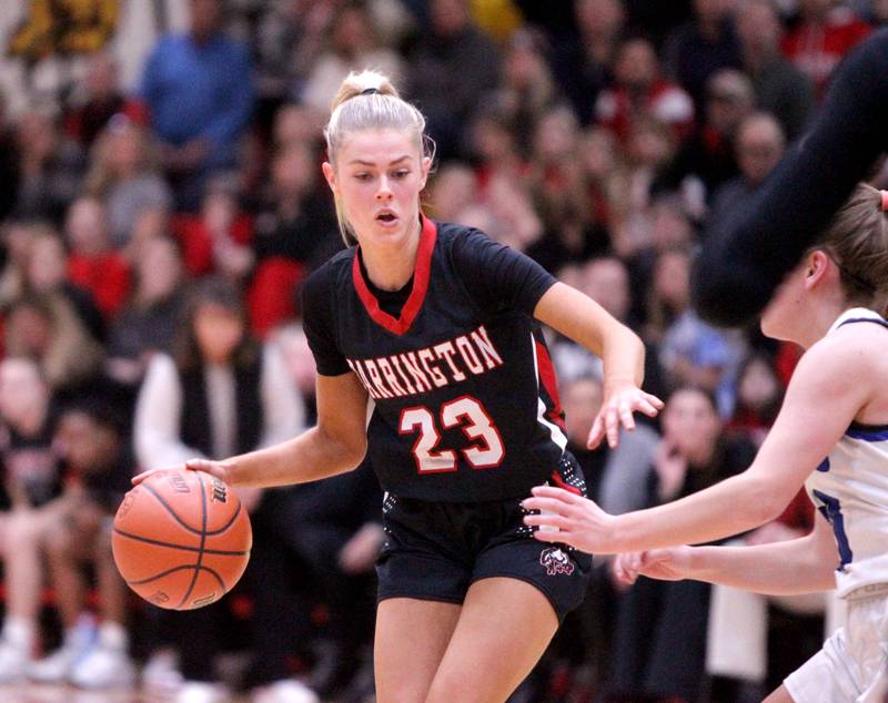 Barrington’s Lydia Shechtman dribbles the ball during the Class 4A Schaumburg Supersectional against Geneva on Monday, Feb. 27, 2023.