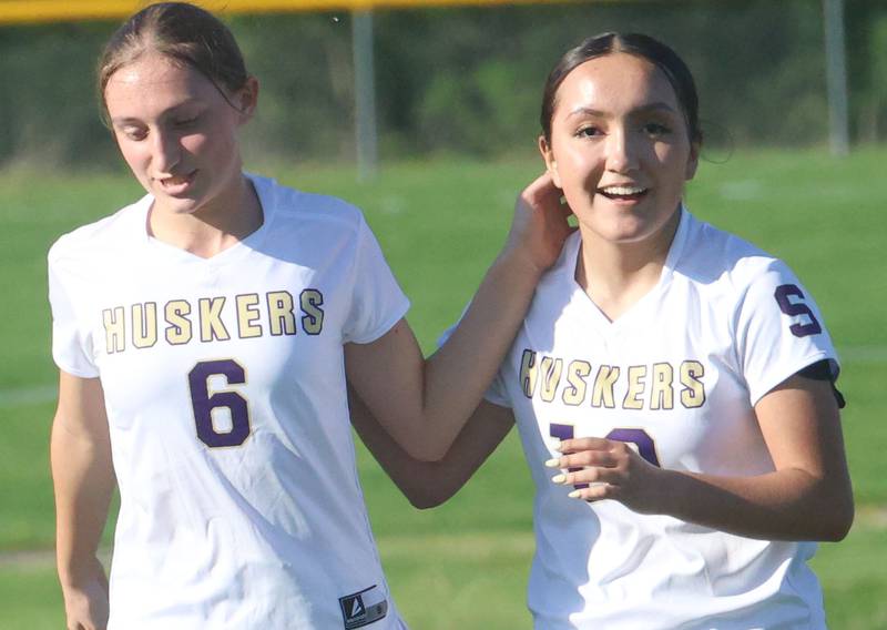 Serena/Newark/Earlville's Rylee Collins hugs teammate Elizabeth Vazquez after scoring a goal against Streator on Thursday, April 16, 2026 at the James Street Recreational Complex in Streator.