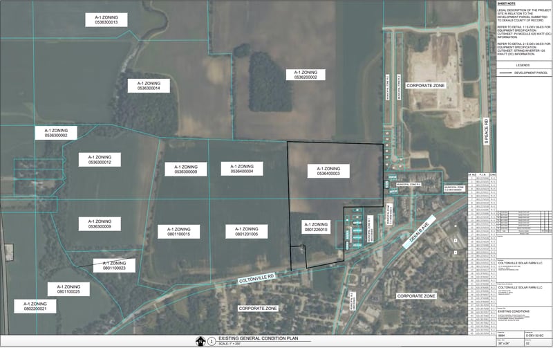 Documents submitted to DeKalb County as part of a request for a special use permit for the Coltonville Solar Farm show that the facility will largely be built north of the Coltonville Road and Electric Park Drive intersection.