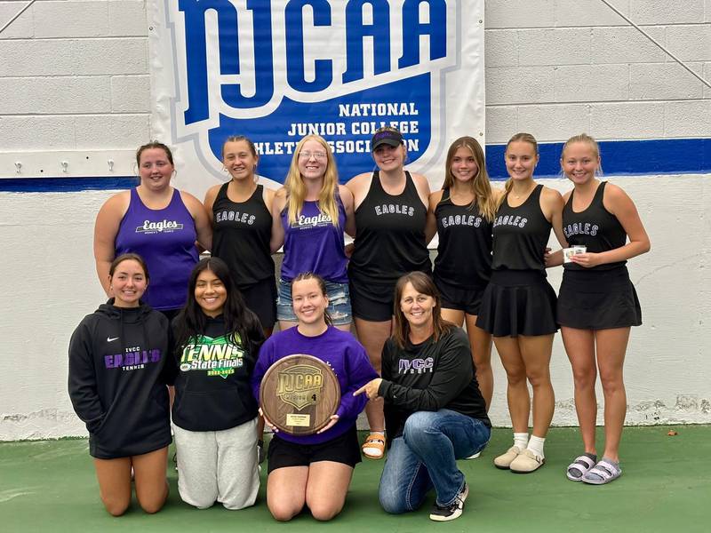 The IVCC women's tennis team won the Region IV Tournament on Saturday to earn a trip to the national tournament in May 2026. Pictured (top, from left) Makenzie Eichelkraut, Ellie Taylor, Mina James, Joyce Walkling, Phoebe Shetterly, Raleigh Leininger and Izzy Pecchio. Bottom: Grace Pecchio, Eva Cervantes, Alex Mahan and Coach Julie Milota.