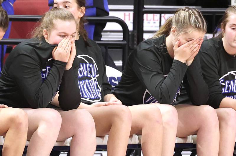 Geneva players can’t bear to watch as time ticks away in their loss to Benet in the Class 4A state semifinal game Friday, March 3, 2023, in CEFCU Arena at Illinois State University in Normal.