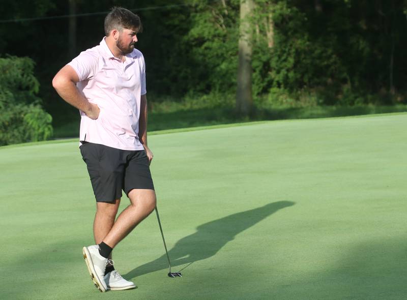 Grant Plym waits to put during the Illinois Valley Mens Golf Championship Tournament on Sunday, July 27, 2025 at Spring Creek Golf Course in Spring Valley.