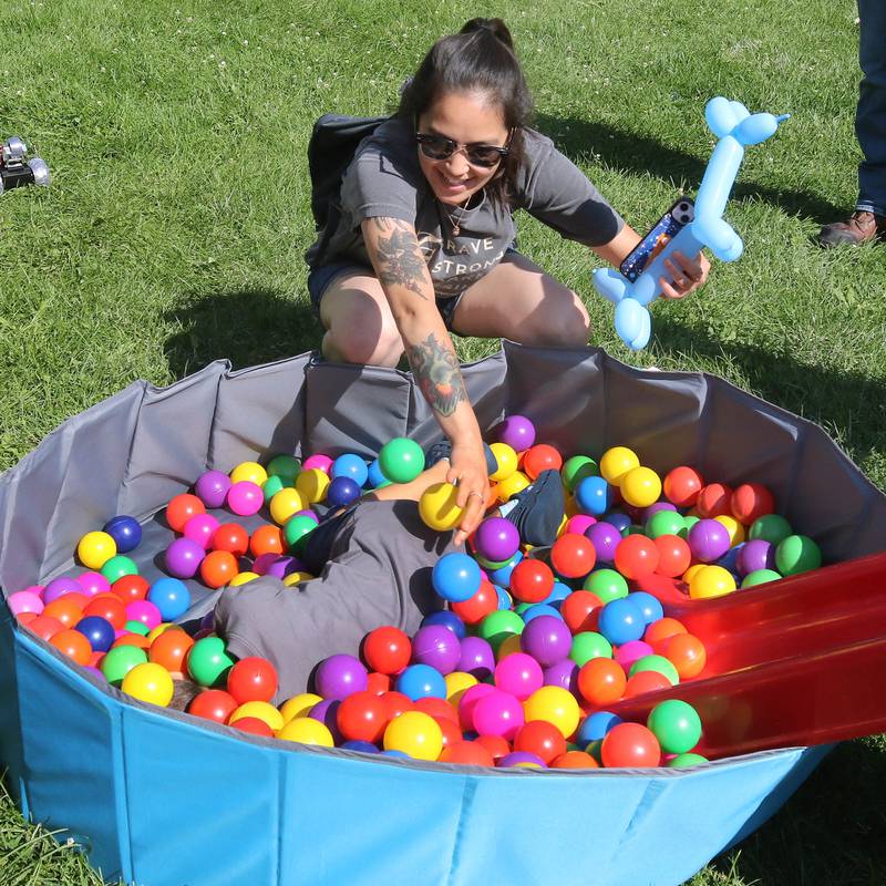 Mackenzie Crowell, from Sycamore, buries her son Oliver, 5, in a ball pit at the Westside Children’s Therapy booth during the Family Fun Fest Wednesday, July 17, 2024, at Hopkins Park in DeKalb.