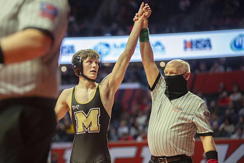 Polo's Wyatt Doty beat Richland's Carson Bissey in 126lbs during the 1A third place match at the IHSA state wrestling meet on Saturday, Feb. 19, 2022.