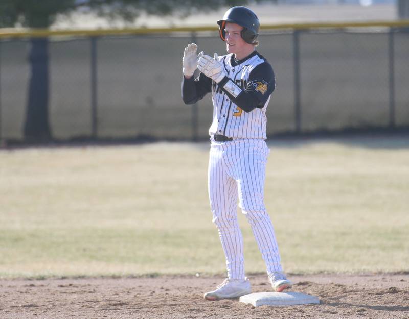 Putnam County's Drew Carlson reacts while standing on second base after hitting a double against Hall on Monday, March 17, 2025 at Putnam County High School.