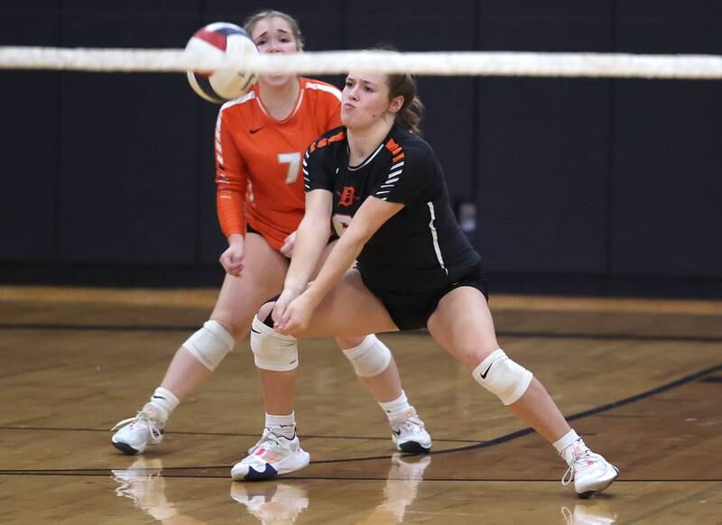 DeKalb's Adisyn Galijatovic receives a serve during their match Monday, Oct. 16, 2023, at Sycamore High School.