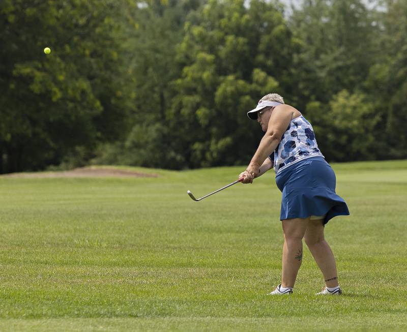 Jessica Janes of Sunset takes a shot towards the green on #5 Friday, July 11, 2025, during the 102nd annual Ladies Lincoln Highway golf tournament at Timber Creek Golf Club in Dixon.
