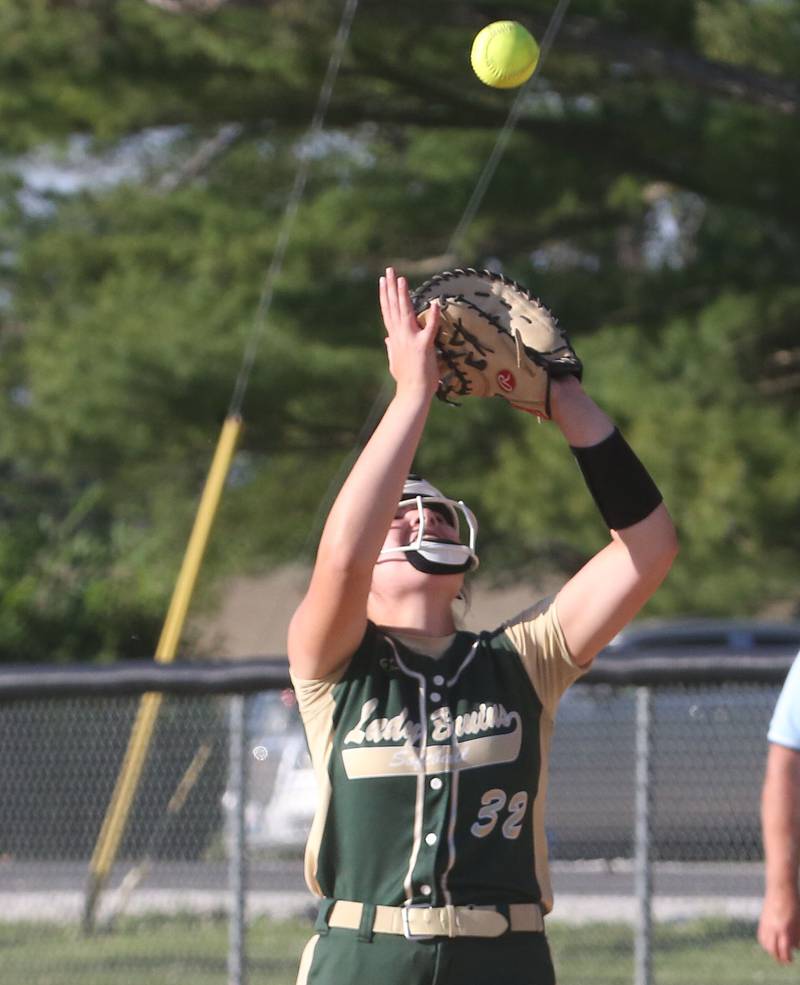 St. Bede's Maddy Dalton makes. a catch at first base in the Class 3A Sectional championship game on Friday, May 26, 2023 at St. Bede Academy.