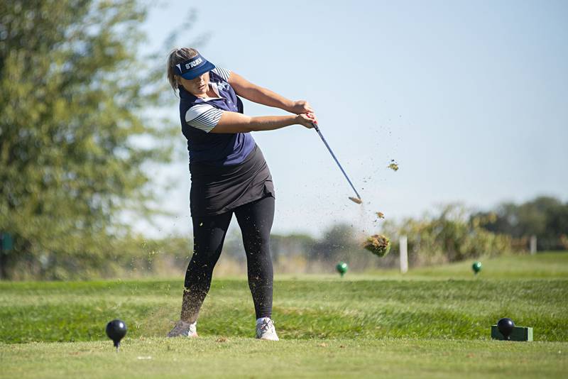 Bureau Valley’s Callie Schoff drives off the tee on #17 at Deer Valley during class A girls regional golf Thursday, Sept. 29, 2022.