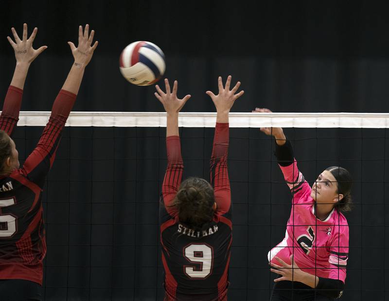 Rock Falls’ Kaltrina Lecaj hammers a shot against Stillman Valley Tuesday, October 8, 2024 at Rock Falls High School.