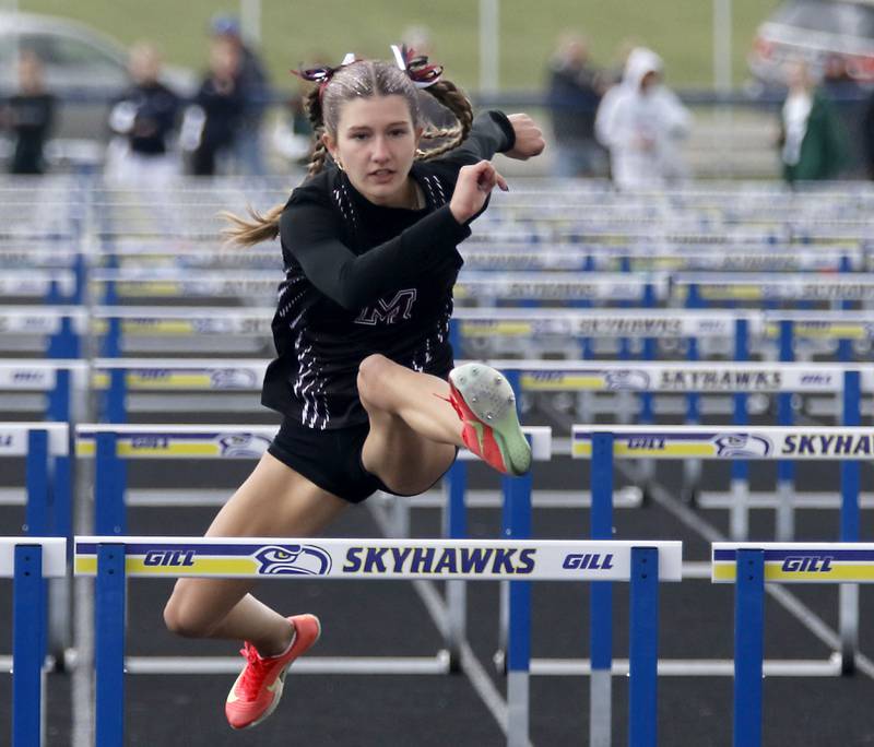 Marengo’s Olivia Walter runs the 100 meter hurdles during the IHSA Class 2A Johnsburg Girls Track and Field Sectional Meet on Wednesday, May 13, 2026, at Johnsburg High School.