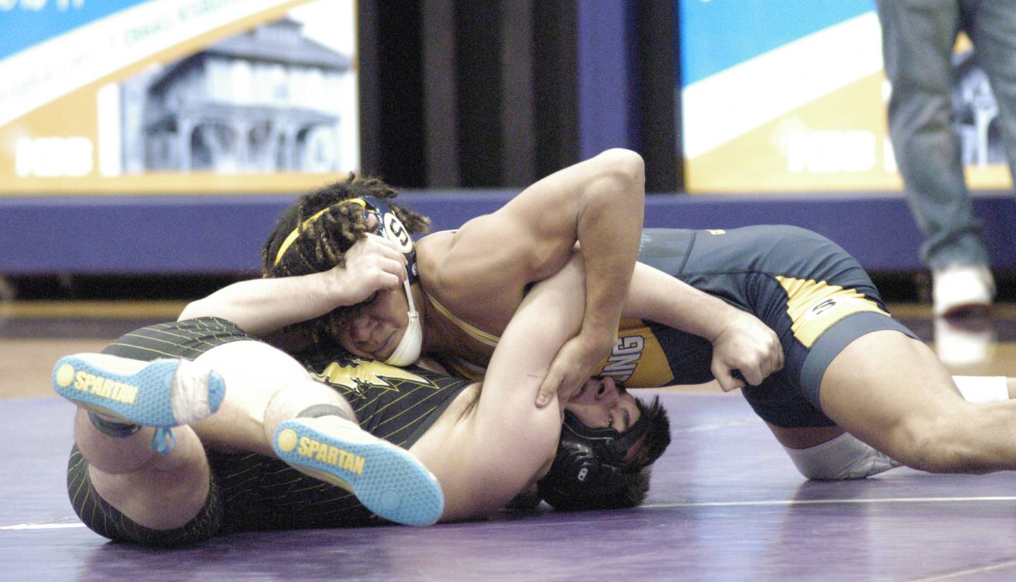 Sterling's Tatum Allen controls Galesburg's Don Patrick in the 157-pound third-place bout at the Class 2A Dixon Regional on Saturday, Feb. 8, 2025 at Lancaster Gym in Dixon.