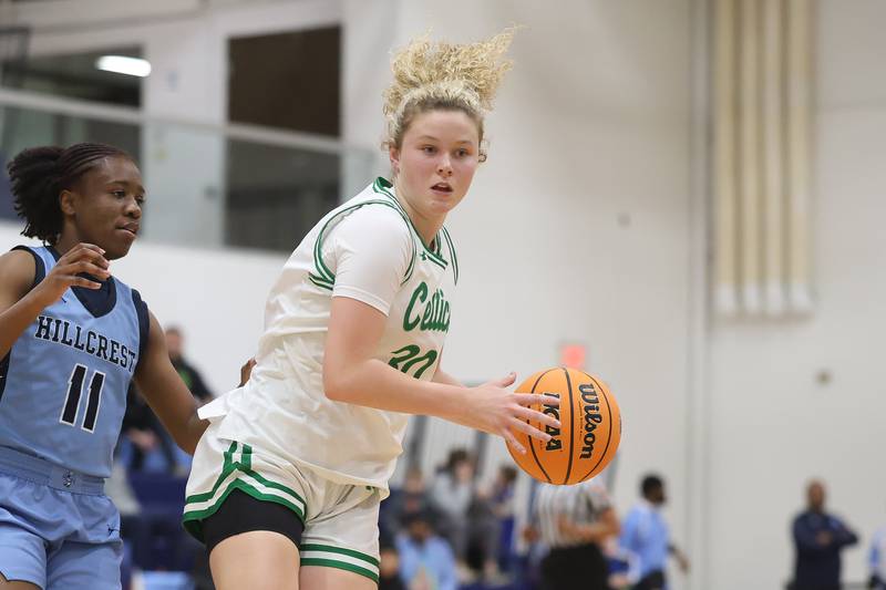 Providence’s Kennady Kotowski looks for a play against Hillcrest in the Class 3A Hillcrest Sectional championship game on Thursday, Feb. 26, 2026 in Hillcrest.