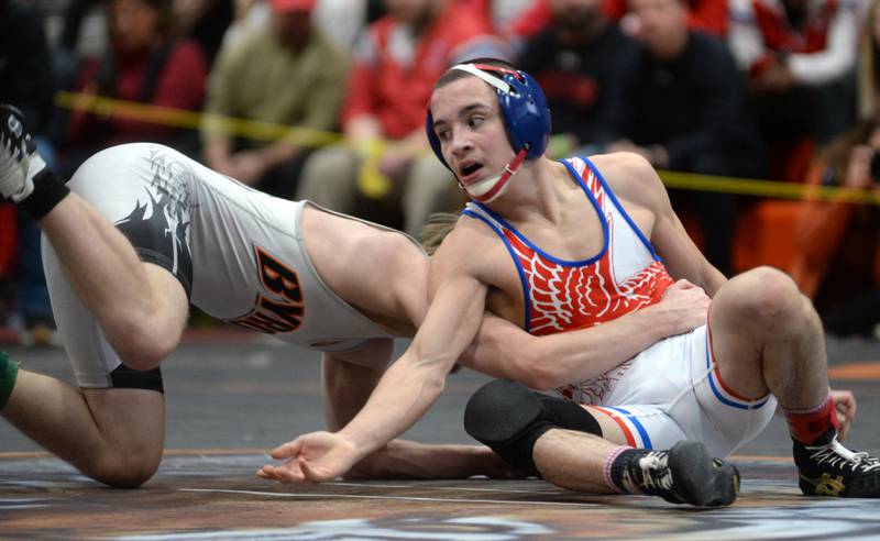 Oregon's Isaiah Perez reaches for Byron's Jackson Norris in the 120-pound title match at the 1A Byron Regional on Saturday, Feb. 8, 2025. Perez won the match to advance to the Oregon Sectional.