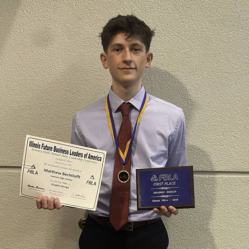Lemont High School senior Matthew Bechtlofft earned his first state championship in the Graphic Design competition at the Future Business Leaders of America State Leadership Conference on March 29, 2025, in Springfield.