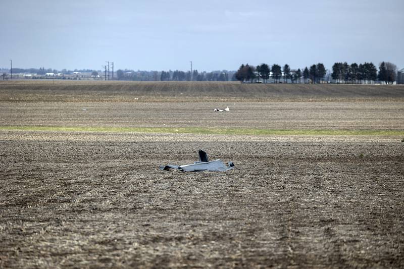 Debris is scattered across a field in rural Ogle County Friday, April 3, 2026. Thursday evening storms caused a swath of damage across the area.