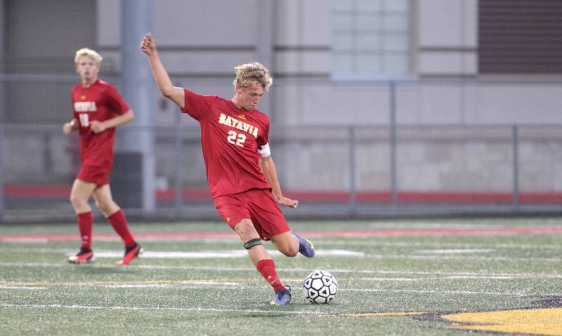 Batavia’s Alexander Marshall kicks the ball during a home game against Oswego on Thursday, Sept. 7, 2023.