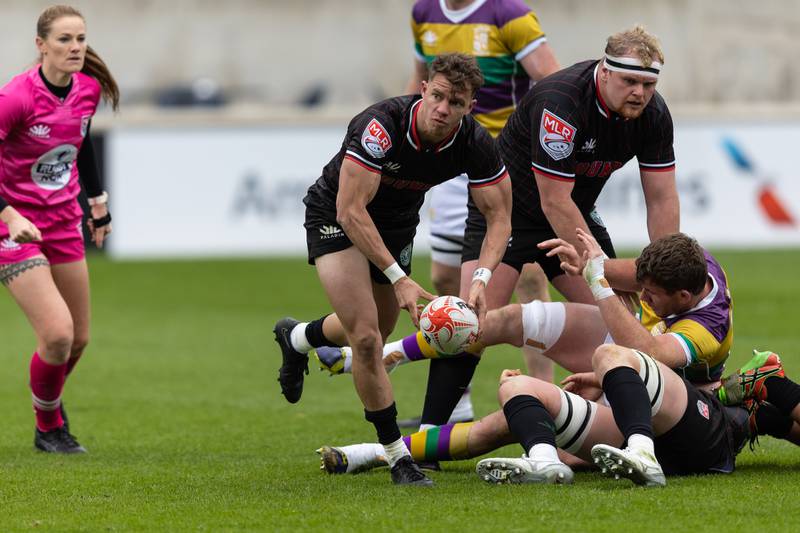 Chicago Hounds' scrum-half Michael Baska pass the ball out of a ruck during a game against NOLA Gold, at Seat Geek Stadium in Bridgeview, on Sunday April 23, 2023.
