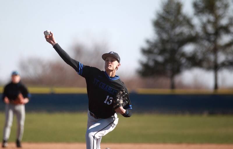 St. Charles North’s Matt Ritchie pitches during a game on Tuesday, April 8, 2025 at Burlington Central.
