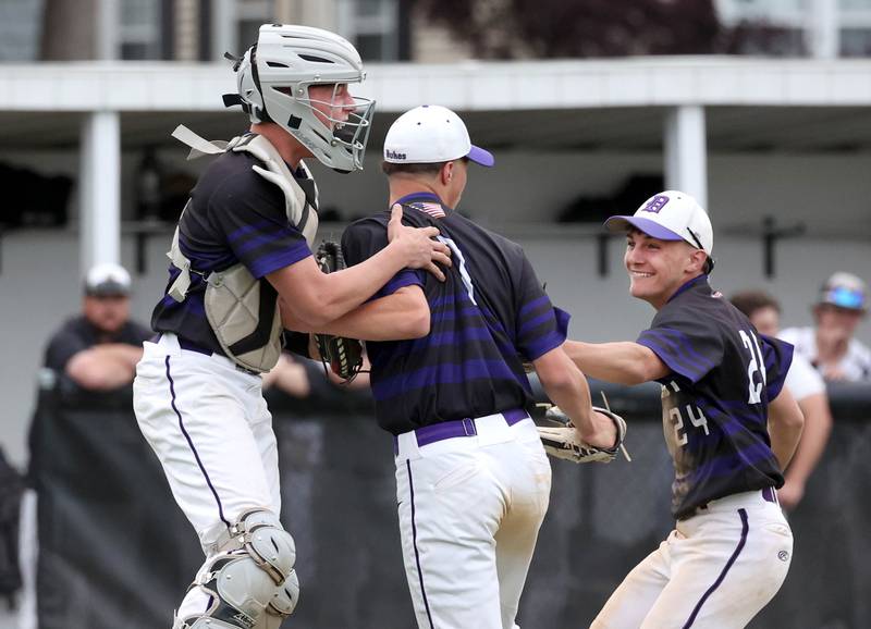 Dixon players celebrate Thursday, May 29, 2025, after their Class 3A regional semifinal win over Sycamore at Freeport High School.