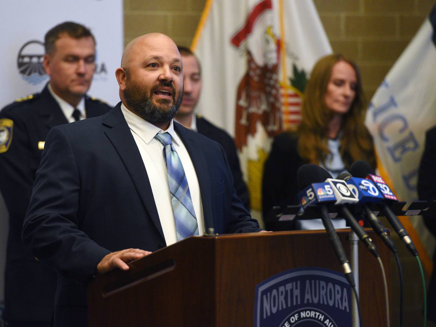 North Aurora Police Department Detective Ryan Peat speaks during a press conference Wednesday. The North Aurora Police Department and the Kane County States’s Attorney’s Office announced that they have determined that the late Bruce Lindahl, who is suspected in several other 1970s murders, is person who killed 19-year old Halle in March, 1979.