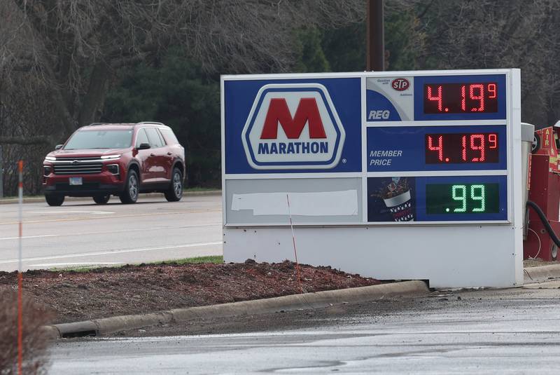 A car drives by the Marathon on Sycamore Road near Hopkins Park Tuesday, March 31, 2026, in DeKalb.