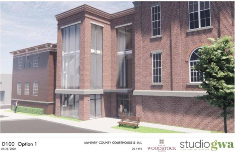 A rendering of the proposed connector building design for the Old Courthouse and Sheriff's Jail approved by the Woodstock City Council Tuesday.