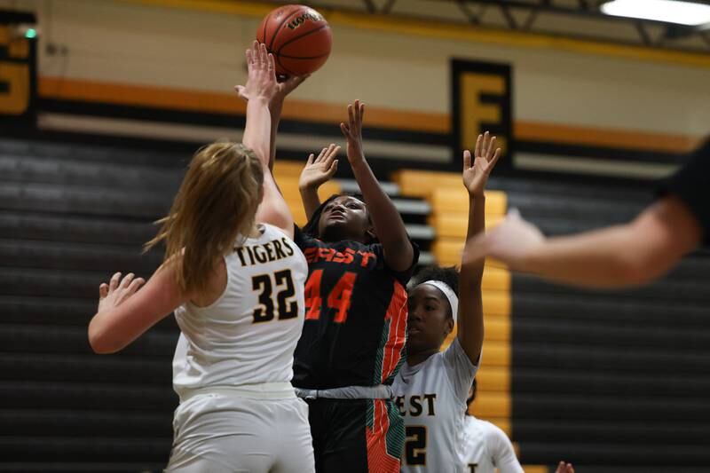 Plainfield East’s Nia Wilkerson puts up the contested shot against Joliet West on Thursday, February 2nd.