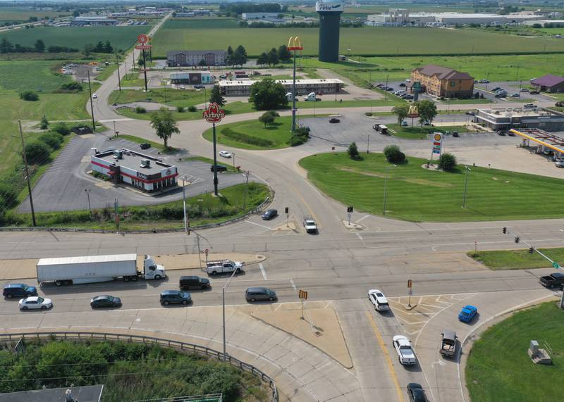 An aerial view of the intersection of Illinois Route 251 and May Road on Friday, Aug. 15, 2025 in Peru. The intersection sees some of the most accidents.