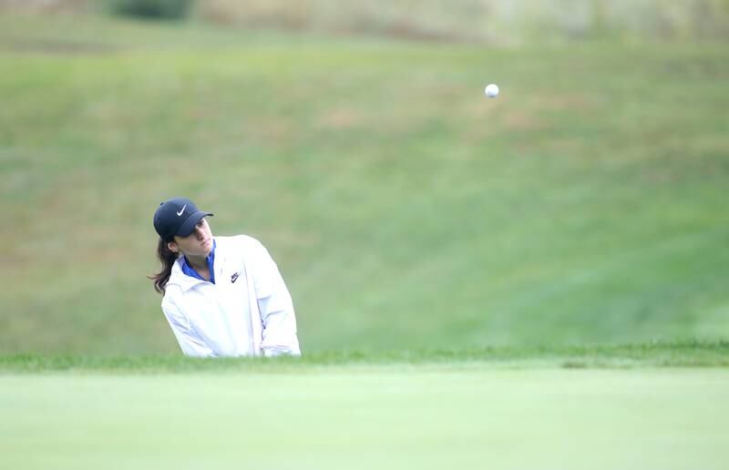 Geneva’s Joanna Brylka hits onto the green during the DuKane Conference Girls Golf Championship on Tuesday, Sept. 24, 2024 at Phillips Park Golf Course in Aurora.