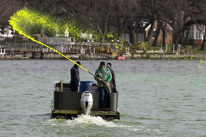 Dye is sprayed into the Fox River to dye the river green during the McHenry’s ShamROCKS the Fox Festival on Saturday, March 16, 2024.