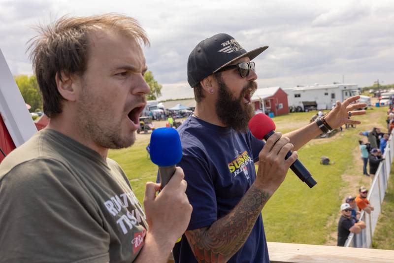 Commentators Justin Kelly (right) and Noah Picard react to a racer crashing in a turn at the track during the ATVMX Championship race on May 24, 2025 at Sunset Ridge MX in Walnut.
