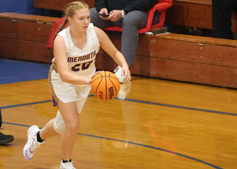Mendota's Emily Sondergoth dribbles down the floor during the Tiger Girls Basketball Holiday Tournament on Tuesday, Nov. 18, 2025 at Princeton High School.