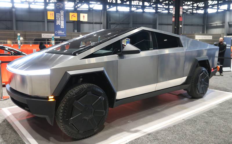 A view of an all-electric Tesla Cybertruck on Thursday, Feb. 8, 2024 during the Chicago Auto Show in McCormick Place.