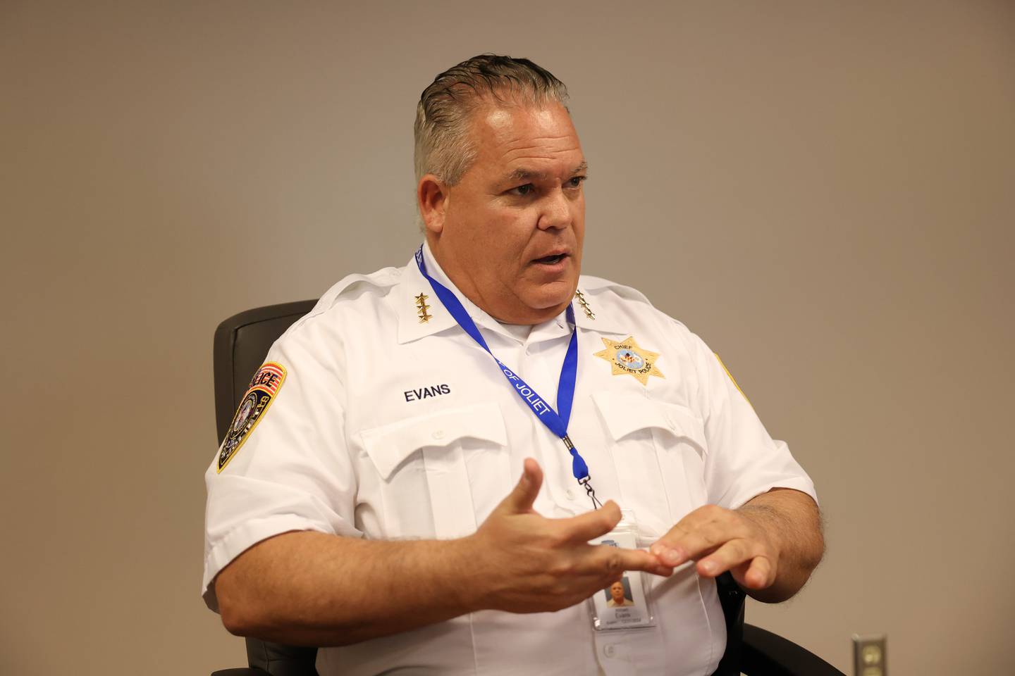 Joliet Police Chief William Evans talks about his first few months on the job as Joliet’s new police chief. Wednesday, April 13, 2022, in Joliet.