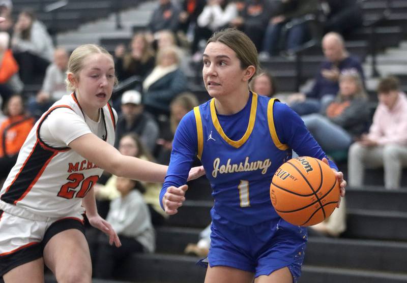McHenry’s Chloe Casey, left, guards Johnsburg’s Ava Jablonski in varsity girls basketball on Saturday, Jan. 4, 2025, at McHenry High School in McHenry.