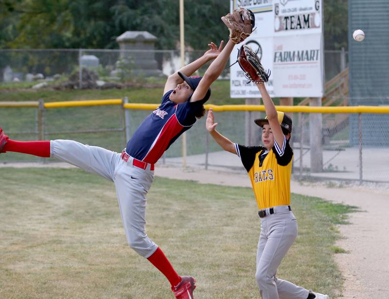Thrush Sanitation Red Sox's Wyatt Mickelson and teammate Griffin Leigh miss a fly ball in left center field against Frostbyte MSP Rangers Bryce Ceja watches the throw go into the outfield in the Ottawa Little League baseball (12U) City Championship on Friday, June 23, 2023 at Varland Park in Ottawa.