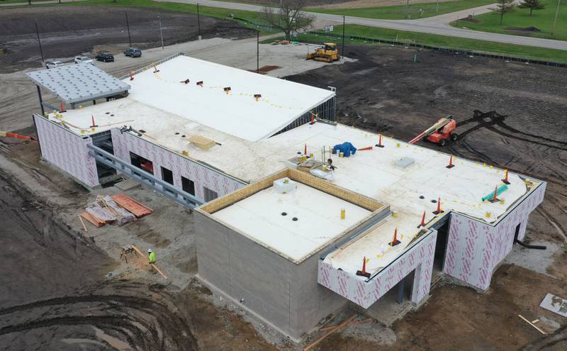 An aerial view of the Dr. Alfred E. Wisgoski Agricultural Education Center on Wednesday, April 1, 2026, at Illinois Valley Community College in Oglesby. Crews have begun construction on the exterior walls. The new facility is expected to redefine IVCC’s agriculture program, equipping the college to train and upskill agricultural workers, support the development of new technologies and promote sustainable practices.
Approximately $1.6 million has been pledged toward the agricultural center, and IVCC plans to launch a community donation program later this spring. The 10,250-square-foot building is slated for occupancy in 2027.
The project is supported by a $3.5 million grant from the U.S. Department of Economic Development Administration, a $240,000 grant from the Illinois Department of Commerce and Economic Opportunity and a $1 million gift from the Wisgoski family.