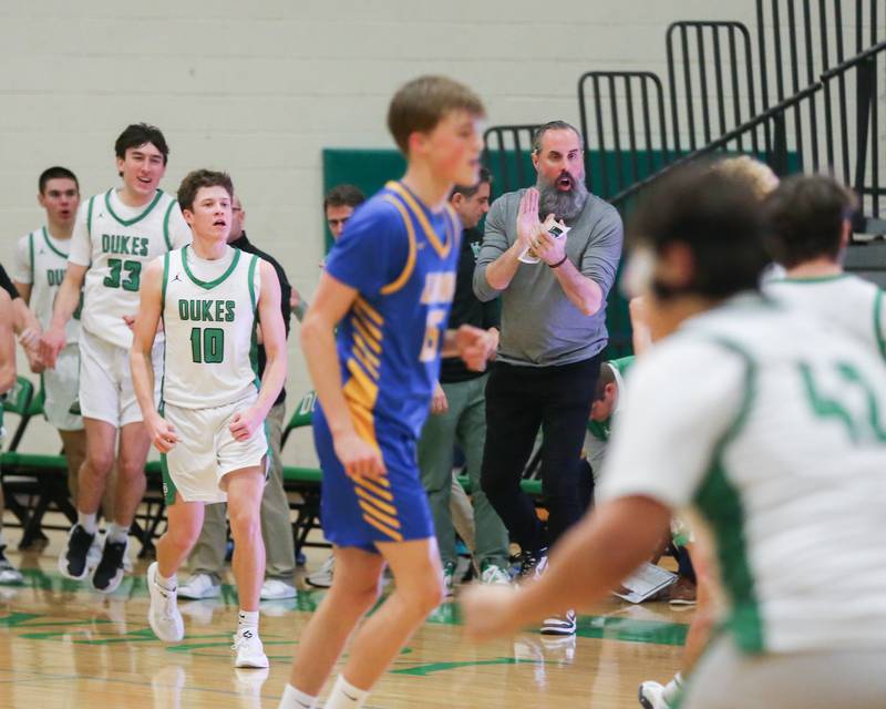 York reacts after a big three point shot by York's Connor Fitzgerald (3) during their basketball game between Lyons at York. Jan 10, 2025 in Elmhurst.